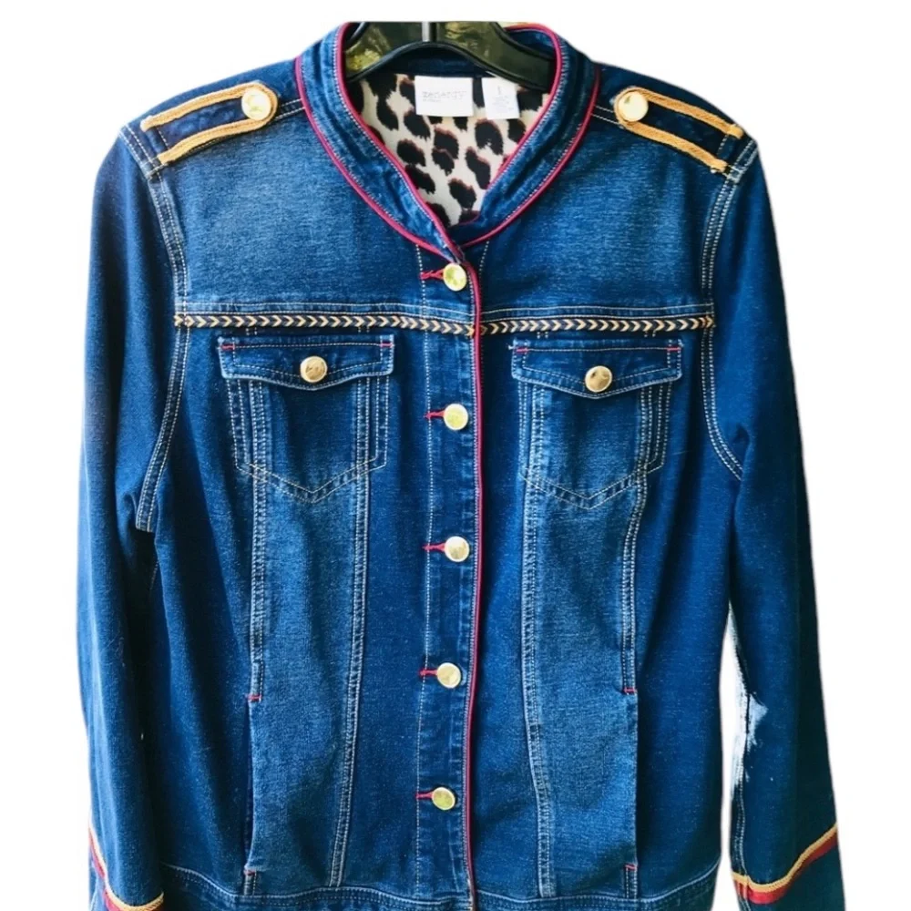 Chico’s size 10-12 denim military jacket stretch gold detail oversized - Picture 10 of 14